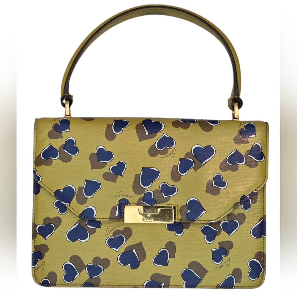 Gucci Shanghai Heartbeat Yellow/Green With Blue Heart Pattern Bag - Gold Accents
